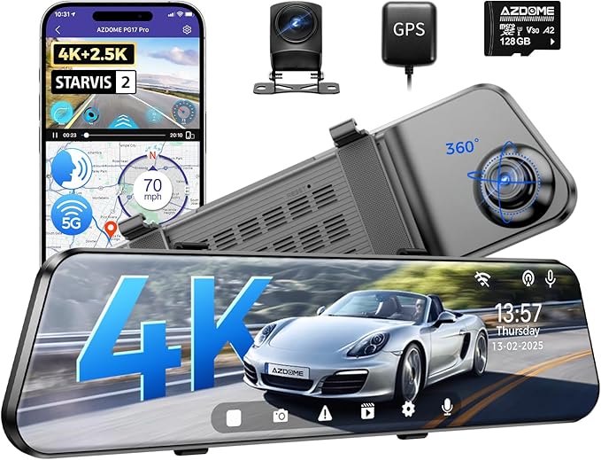 AZDOME PG17 Pro Mirror Dash Cam Front and Rear with IMX678, STARVIS 2 Rear View Mirror Camera with 5.8GHz WiFi, 4K+2.5K Dashcam, OTA Upgrade, Timeline Playback, Dual HDR, Voice Control, 128GB Card
