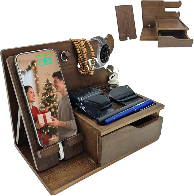 3-in-1 Wood Phone Docking Station Organizer with Drawer & Hidden Charging Hole for Phone, Keys, Glasses & Accessories, for Men (WALNUT, 01)