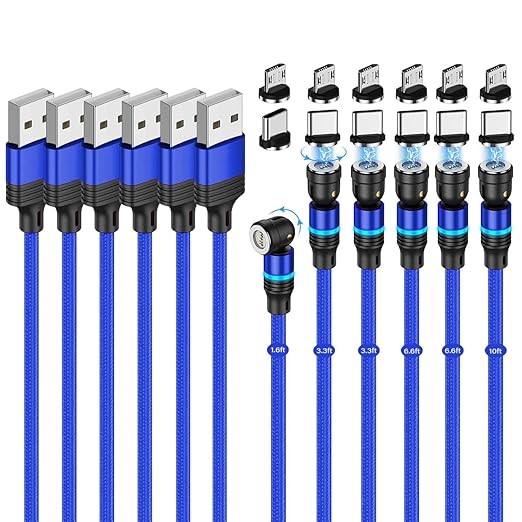 Magnetic Charging Cable (6-Pack,1.6+3.3+3.3+6.6+6.6+10ft) 540° Rotation Magnet Phone Charger USB C Cable 3A Fast Charging Magnetic Charger Cable with LED Light for Micro USB Type C Device