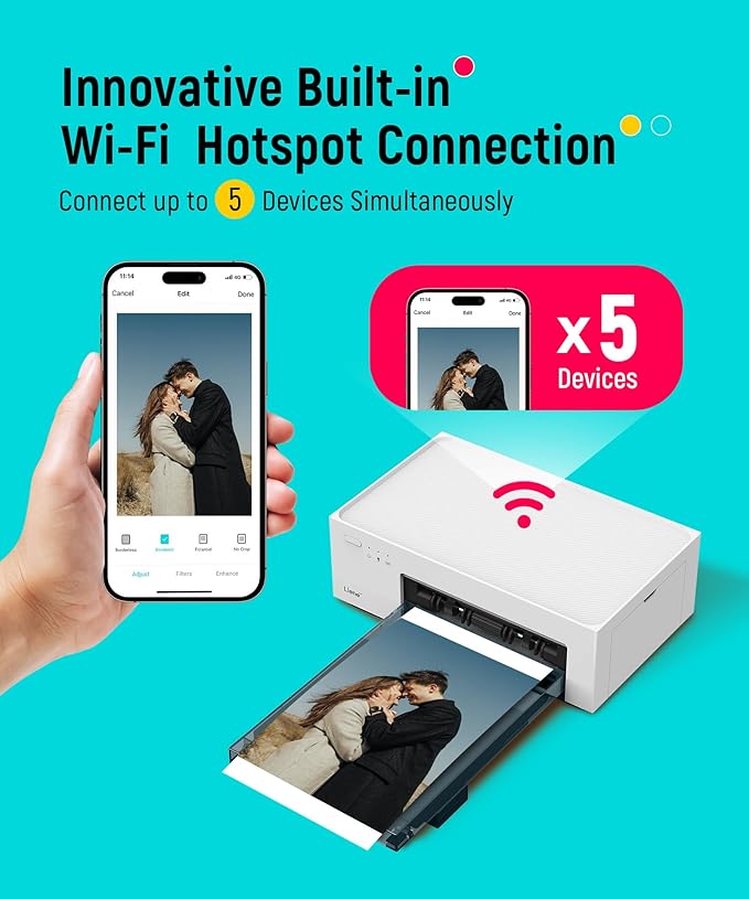 Liene 4x6'' Photo Printer, Wi-Fi Picture Printer, 20 Sheets, Full-Color Photo, Instant Phone Printer for iPhone, Android, Smartphone, Thermal dye Sublimation, Portable Photo Printer for Home Use