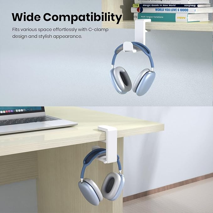 Rotating Headphone Stand - EURPMASK PC Gaming Headset Stand, Adjustable Clamp-on Headphone Holder, Headphone Hanger Hook Under Desk with 360 Degree Swivel&Cable Clip Organizer - White, 2 Pack