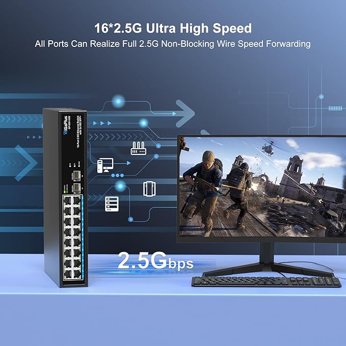 18 Port 2.5Gb Unmanaged Ethernet Switch with 16* 2.5G Base-T Ports, 2* 10G SFP+ Ports. GiGaPlus 2.5Gbps Network Switch for 2.5Gbps NAS/PC, Wireless AP, WiFi6 Router. Plug and Play, Fanless Design.