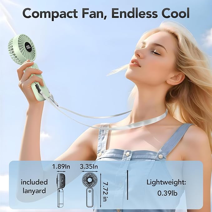 PANERGY Portable Handheld Fan, 5000mAh Rechargeable, 14H Max Cooling Time, 4 Gear Wind & LED Display, 90° Foldable Design, 3-IN-1 Mini Fan for Travel Working Concerts Makeup - Green