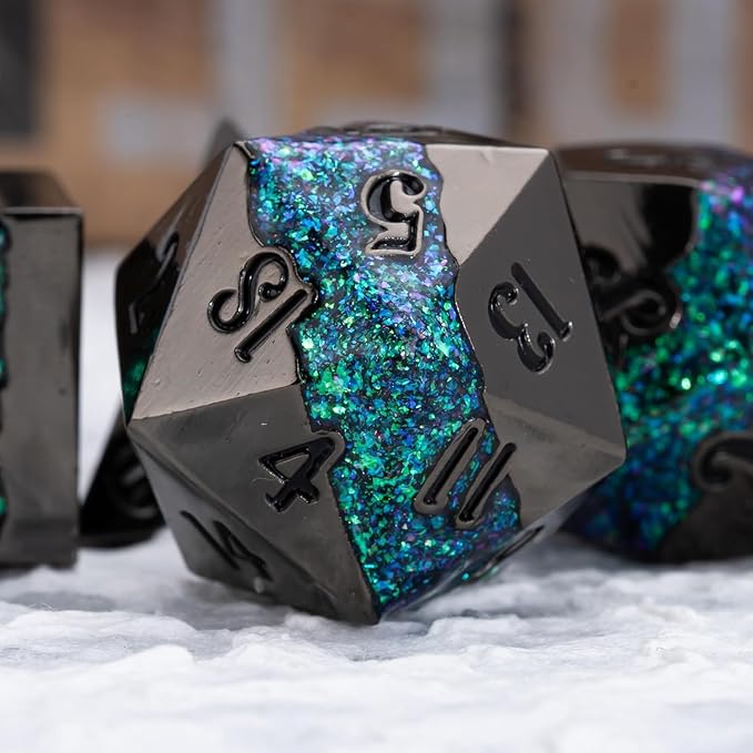 Metal RPG Dice Set,DND Polyhedral Dice Set 7pcs,Metallic Glitter Large Stripe Dice Set for Dungeons and Dragons Role Playing Games(Black Nickel Dark Green)
