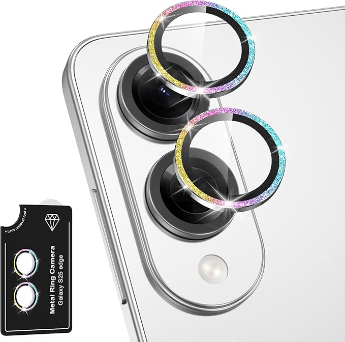 for Samsung Galaxy S25 Edge Camera Lens Protector, Individual Metal Ring Tempered Glass Lens Cover, [Strong Adsorption] Scratch Resistant Ultra-Thin HD Clear Lens Cover, 1 Set-Colorful Sparkly