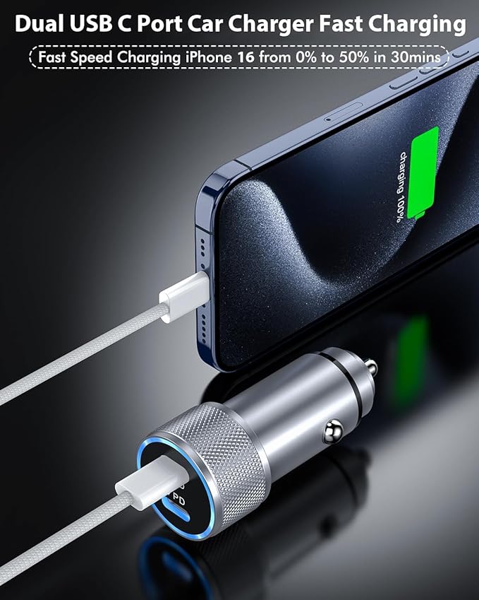iPhone 16 Car Charger,USB C Fast Car Charger Adapter 2Pack Dual USB C Port Fast CarCharger with 6Feet Long Type C to C Braided Charging Cable Fast Charging for iPhone 16/16 Pro/16 Pro Max/15/iPad