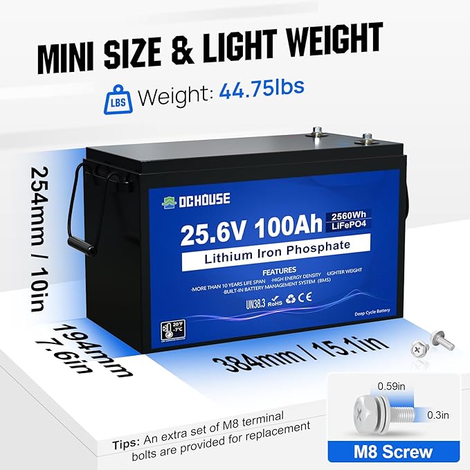 DC HOUSE 24V 100Ah LiFePO4 Lithium Battey, Low Temp Cut-Off BMS, Up to 15000 Cycles, Perfect for Trolling Motors, Marine, Boat, RV, Camper, Home Energy Storage