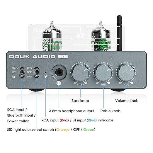 Douk Audio T6 2 Channel 80 watts x2 Bluetooth Tube Amplifier Hi-Fi Stereo Power Amp Audio Wireless Receiver with Headphone/Line Output & Treble Bass Tone Control