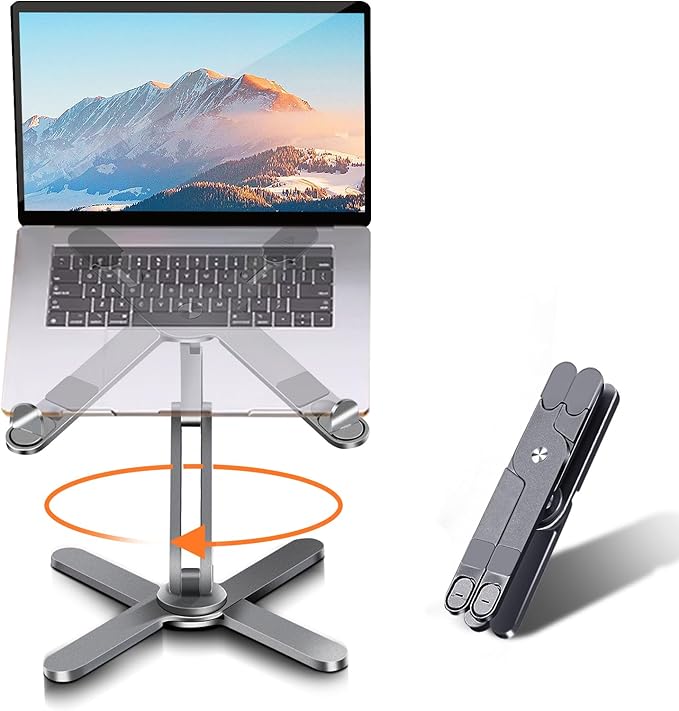 Laptop Stand with 360 Rotating Base, Computer Notebook Laptop Riser Metal Holder for Desk Collaborative Work, Fully Foldable for Easy Storage, Fits All MacBook, Laptops up to 16 inches, Grey