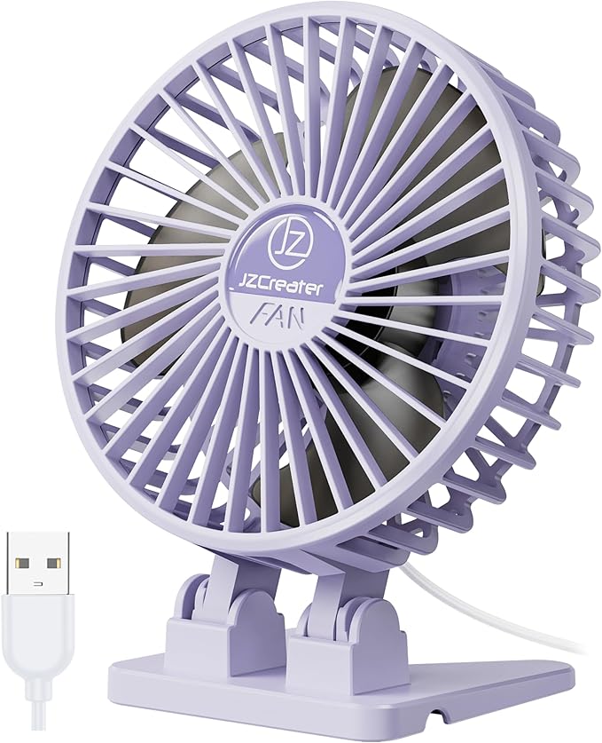 JZCreater USB Desk Fan, Mini Fan Portable, 3 Speeds Desktop Table Cooling Fan, Plug in Power Fan, Rotation Strong Wind, Quiet Personal Small Fan for Home Desktop Office Travel Bedroom, Purple