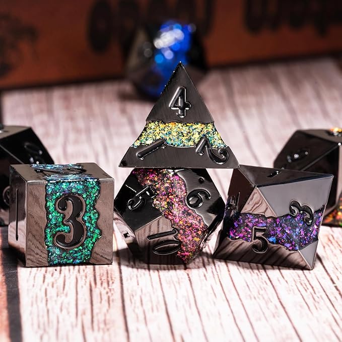 D&D Dice Set Metal,Large Striped Glitter Dice Set.RPG Polyhedral Dice 7pcs Set