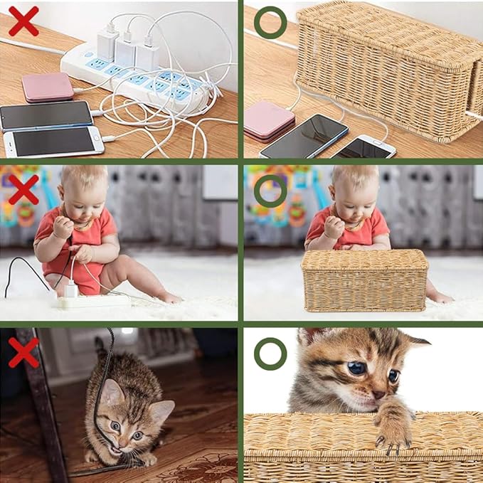 Cable Management Box, Handmade Rattan Cable Organizer, 2 Open Slots Cords Hider Box, Under Desk Cord Organizer for Computer Router USB Hub & Power Strip, Patent Pending, 13" x 5.1" x 5.1", Natural