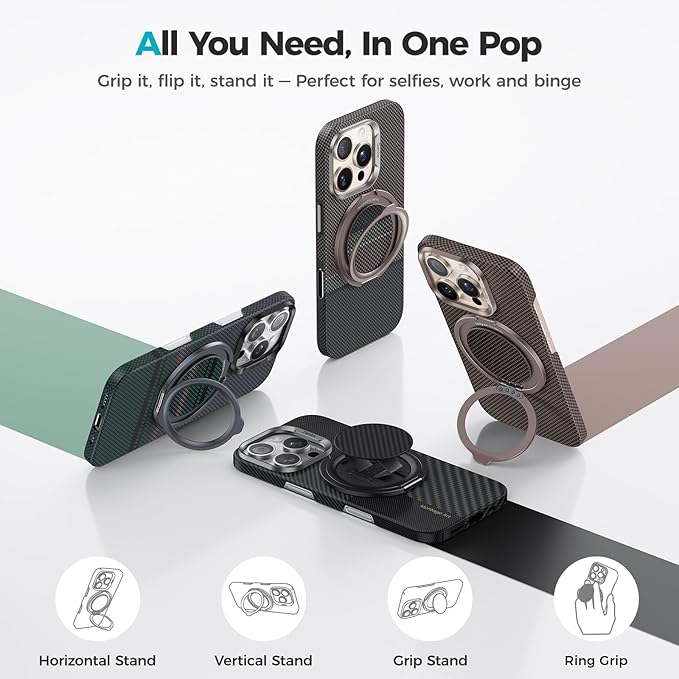 BENKS ArmorPop Magnetic Phone Grip & Stand for MagSafe, 360° Rotation Adjustable Phone Ring Holder for iPhone 17/16/15/14/13/12 Series, Durable Kevlar Design