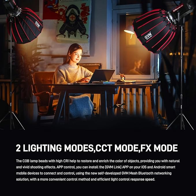 GVM Photography Lighting 300W Bi-Color Studio Lights with 45°Standard Reflector 454900Lux@1m Video Light 12Lighting Scenes App Control LED Video Light for Outdoor Shoot YouTube Videos