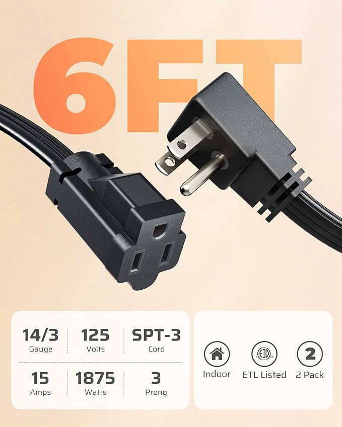 DEWENWILS 6FT Flat Plug Extension Cord with 3-Prong Flat Plug, 15A/1875W 14/3 SPT-3 Flat Wire, Space Saving for Home Office Appliances & Electronics, ETL Listed, 2 Pack, Black