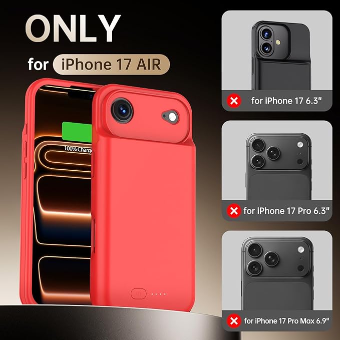 GIN FOXI Battery Case for iPhone 17 AIR, Charging Case Charger 8500mAh Ultra-Slim Lightweight Powerful Battery Pack 15W Fast Rechargeable Anti-Fall TPU Juice Box for iPhone 17 AIR (6.5") Red