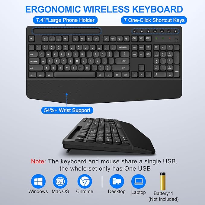 EDJO Wireless Keyboard and Mouse Combo, Full-Size Ergonomic Wireless Computer Keyboard with Wrist Rest, Phone Holder, Sleep Mode, Comfortable Natural Typing Set for Windows, Laptop, Mac, PC