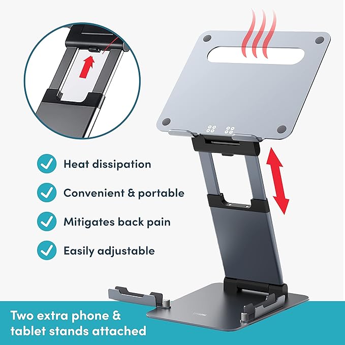 Ergonomic Laptop Stand for Desk, Adjustable Height up to 20", Laptop Riser Computer Pulpit Stand for Laptop, Portable Laptop Stands, Fits MacBook, Laptops 10 15 17 inches Laptop Holder and Laptop Desk
