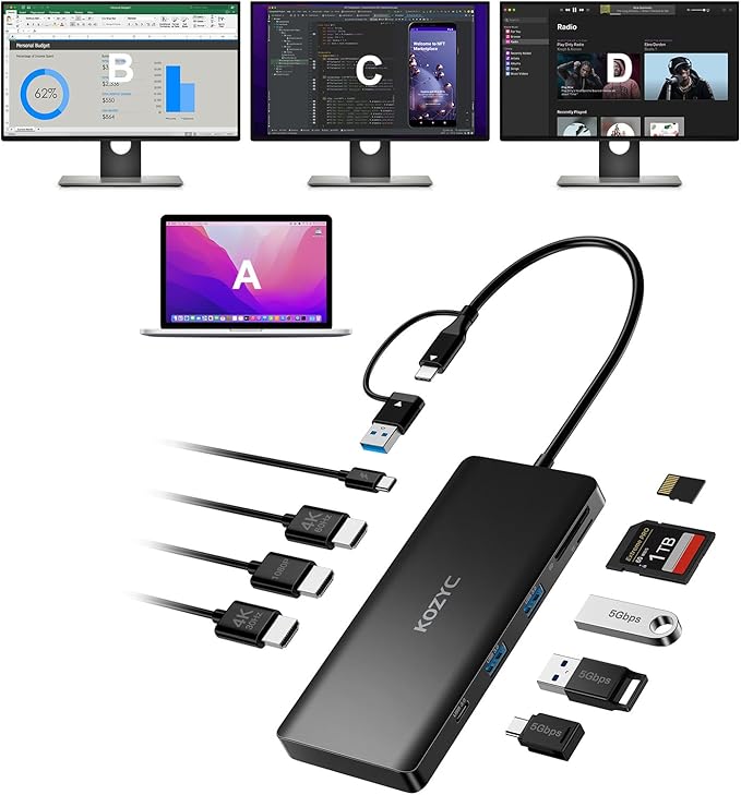USB C Docking Station 3 Monitors Compatible with Mac/Windows, KOZYC Triple Display Docking Station with 3xHDMI(4k60Hz/30Hz+1080p), 3xUSB 3.0, SD/TF, 100W PD with HDMI Splitter Extend Display 3 Monitor