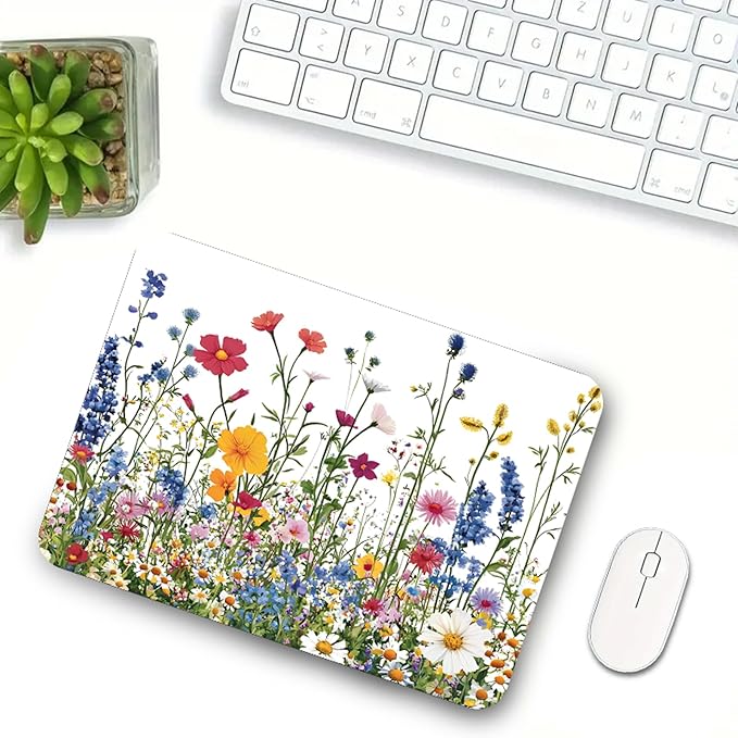 Colorful Floral Mouse Pad – Non-Slip, Washable, Waterproof with Stitched Edges, 10.2×8.3×0.12″ | Bright Desk Decor for Women, Teens & Students