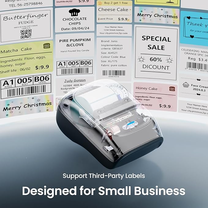 CLABEL Thermal Label Maker Machine: 221B Bluetooth Label Maker Machine with Tape Mini Sticker Printer Barcode Printer Compatible with Smartphone with 1 Roll 40x30mm Label (Blue)