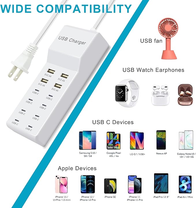 Multi-Port USB C Charging Station - Fast Charger for iPhone 15/14, Samsung Galaxy, iPad and Tablets - Desktop Home USBC Charger Hub with UL Certification and Safety Travel Protection White