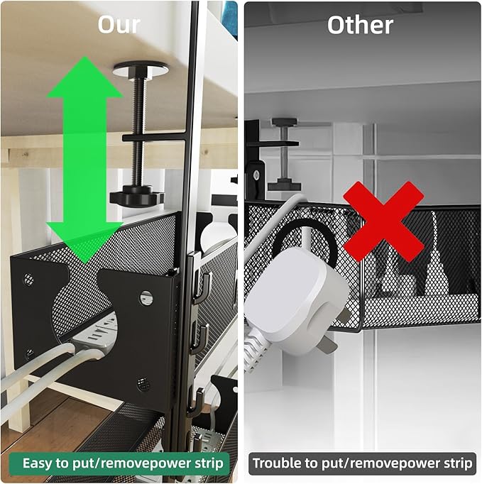 Multi-Model Under Desk Cable Management Tray 2 Packs Metal Under Desk Wire Management Clamp Mount Under Table Cord Management No Damage The Desk (Black)