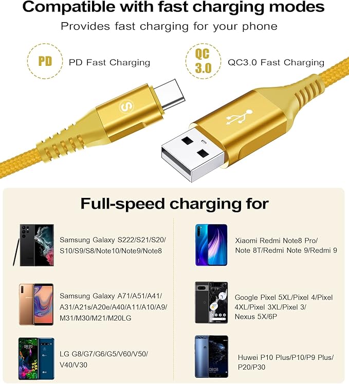 sweguard USB Type C Charger Cable [3-Pack,10ft+6.6ft+3.3ft] iPhone 16 Charger Nylon Braided Cord for iPhone 16 15 Pro Max Plus Samsung Galaxy S25 S24 S23 S22 S21 S20 S10 Note 20 10 A54 Pixel LG Moto