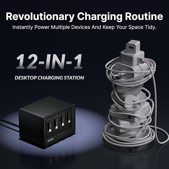 Gitryin 12-in-1 Desktop Charging Station with 3 Retractable Type-C Chargers and 1 Lightning Charger, 40W USB-C Power Strip with Flat Plug, Extension Cord with 1020J Surge Protection for Home Office