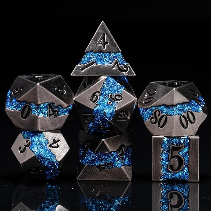 Metal DND Polyhedral Dice,Large Stripe Glitter Metallic Dice Set,Antique Silver Dice 7pcs Set for Role Playing Games