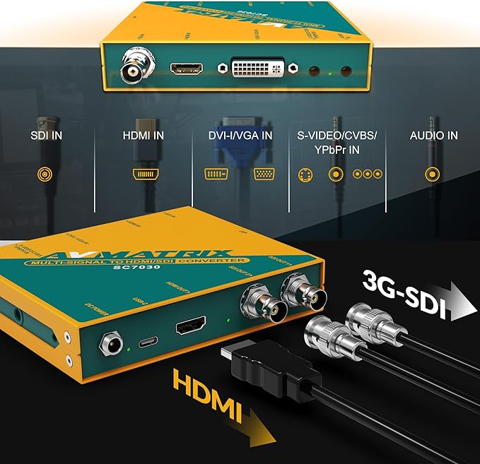 AVMATRIX SC7030 Multi-Signal Converter SDl/HDMl/DVI-I/VGA/CVBS/S-Video/YPbPr to HDMI/SDI,UP/Down Scaling and Frame Rate 1080P Video Converter, SDI Splitter,Audio Embedding & Aspect Ratio Adjustment