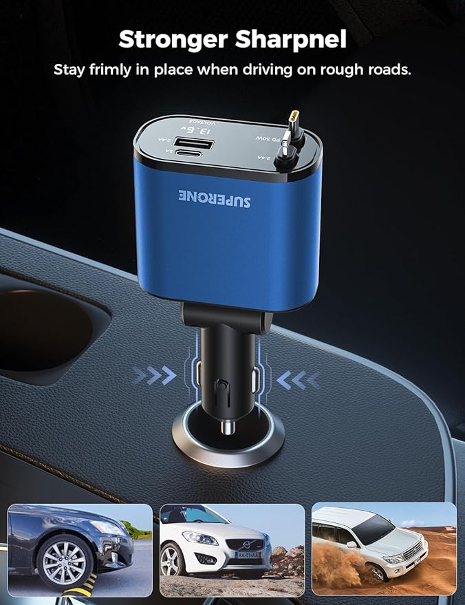 【Upgraded】 SUPERONE Retractable Car Charger 4 in 1, Fast Car Phone Charger with Cord 2.6ft, USB C and Apple Car Charger Adapter, Compatible with iPhone 16 15/15 Pro Max/14/13/12/11, Galaxy, Pixel