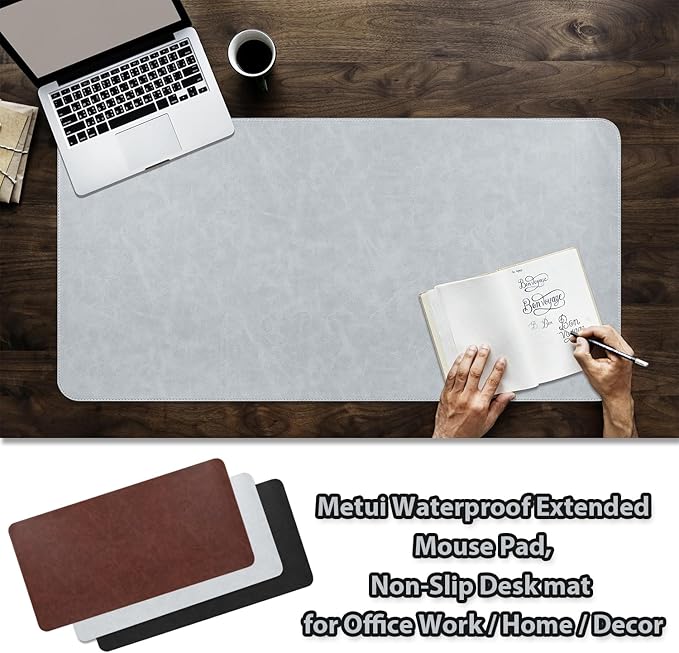 Leather Desk pad for Computer and laptops, Ideal for Gaming and Office use, Large Mouse pad and Keyboard mat,Desk mat for Man. A complimentary Wrist pad and Phone Stand.(Gray-White, 15.7"x 31.5")