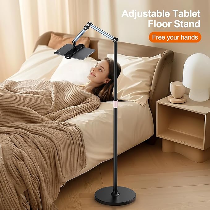 Tablet Floor Stand, Adjustable Tablet Stand, 360° Rotation Tablet Holder, Compatible with iPad, iPhone, Samsung, Google, Kindle Tablet/Phone, (4.5''-12'')