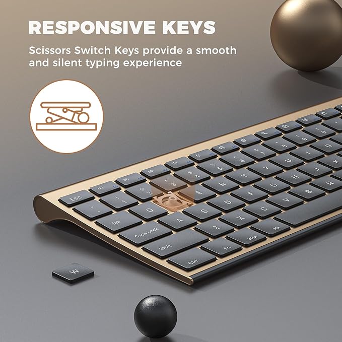 Wireless Keyboard and Mouse, Vssoplor 2.4GHz Rechargeable Compact Quiet Full-Size Keyboard and Mouse Combo with Nano USB Receiver for Windows, Laptop, PC, Notebook-Black Gold