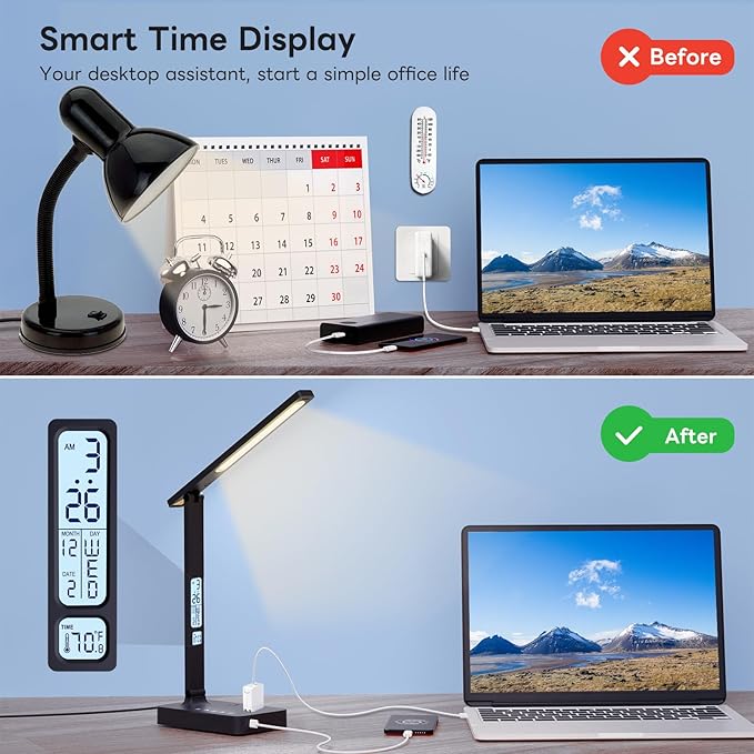 Infiway Desk Lamp with USB Charging Port: LED Eye-Caring Smart Table Light for Home Office - 1 Type-C, 1 USB-A Charging Port, 2 AC Power Outlets