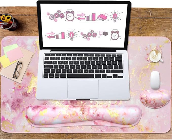 Large Mouse Pad and Keyboard Wrist Rest, Desk Pad for Keyboard and Mouse, 4-in-1 Large Gaming Mouse Pad with Wrist Support, Non-Slip Desk Mat for Home Office Study Game-Pink Gold Marble