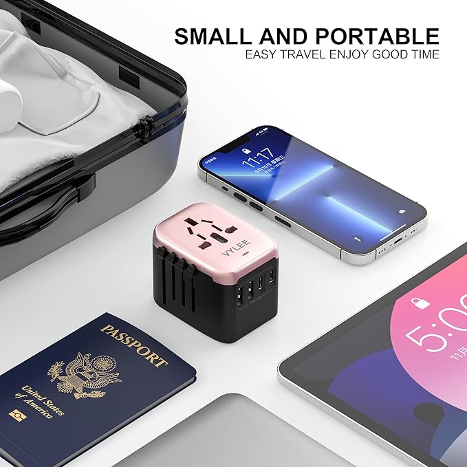 Universal International Power Travel Plug Adapter, 5 in 1 European Travel Plug Adapter W/ 3.5A 2xUSB-A and 2xUSB C Wall Charger and Worldwide AC Outlet for Europe USA UK AUS(Rose Gold)