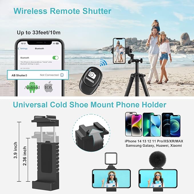 71" Camera Tripod, Versatile Cell Phone Tripod with Wireless Remote Phone Holder and Carry Bag, Lightweight Portable Camera Tripod Stand Compatible with Smartphone Cameras, Max Load 6.6 lbs