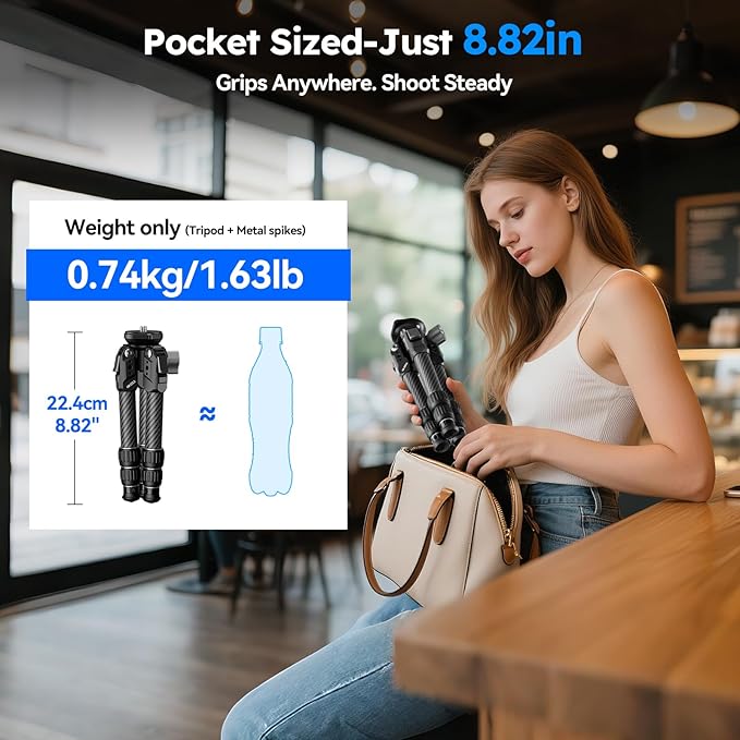 SIRUI Carbon Fiber Mini Tripod with Bowl Base, 33lbs Max Load, Ultra-Lightweight 1.63lbs, 8.82in Folded, 360° Panorama & ±15° Tilt for Camera/Phone/Vlogging（AM-223LS）