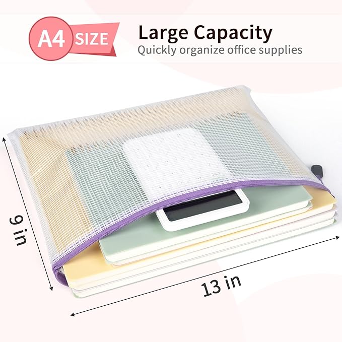 Umriox Mesh Zipper Pouch Puzzle Bags, 13.0x9.0 in (12 Colors, 12 Packs), Letter Size A4 Size Zipper Bags for Office Supplies Travel Accessories