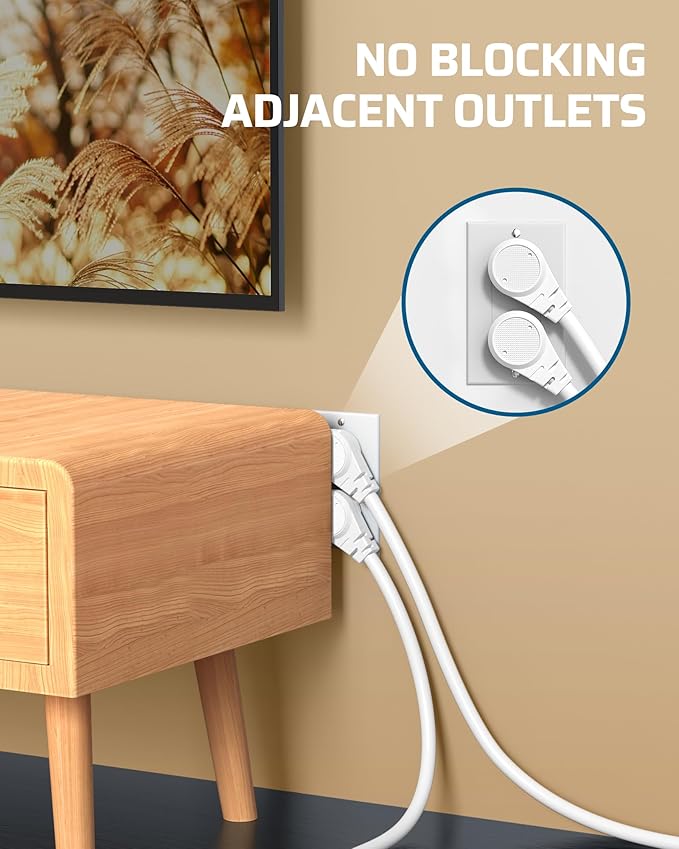 DEWENWILS 1FT Extension Cord Indoor, 14 Gauge Short Flat Plug Extension Cord White with 3 Prong, Low Profile Power Cable SJT, ETL Listed, 3 Pack