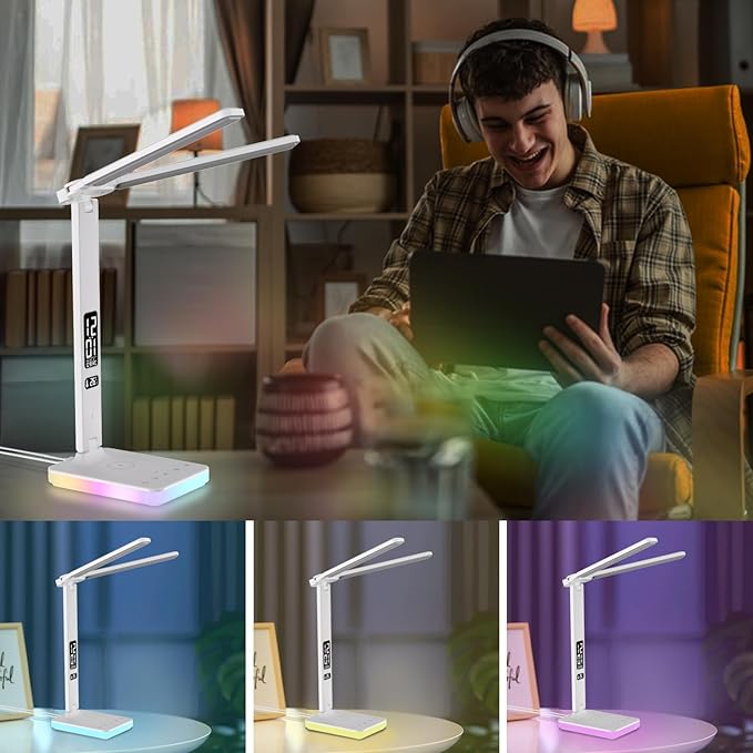 LED Desk Lamp with Charger, USB Charging Port, Dual Swing Arm Desk Light with 5 Brightness, 3 Colors, Table Lamp with Clock, Alarm, Date, Temperature, Desk Lamp for Home Office Study (White)