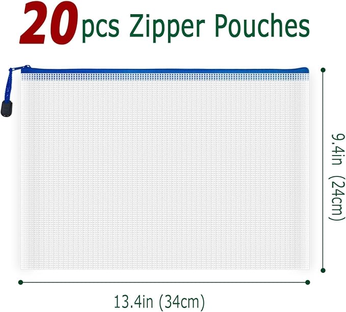 AUSTARK 20 Pcs Zipper File Bags, Plastic Mesh Pouch, Board Game Storage Bag, Waterproof Bags for Office School (A4 Size 13.4''x9.4'', White and Blue)