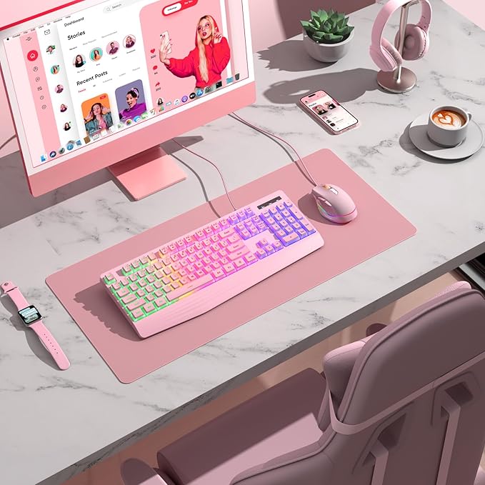 Pink Creamy Keyboard, Rainbow LED Backlit, 104 Keys Silent Light Up Gaming Keyboard with Wrist Rest, PBT Keycap, Anti-ghosting, Waterproof USB Wired Computer Keyboard for PC Mac Xbox
