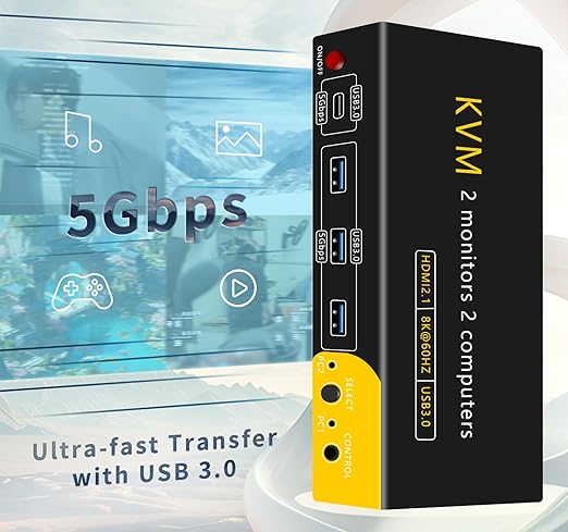 HDMI kvm Switch 2 Monitors 2 Computers Dual Monitor kvm Switch,8K@60HZ, 3*USB3.0&1*USB C, KVM switches 2 Computers 2 Monitors 1 Monitors(USB3.0+8KHDMI)