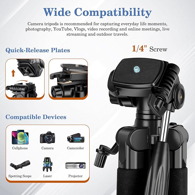 JOILCAN 75" Camera Tripod, Tripod for Camera Cell Phone, Aluminum Heavy Duty Tripods Stand, Tall Travel Tripods with Carry Bag Compatible with iPhone Canon Nikon DSLR Camera Laser Projector