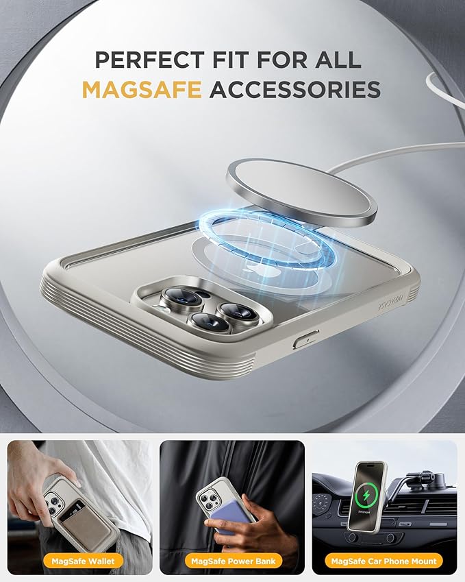 Miracase Magnetic for iPhone 15 Pro Case [Compatible with MagSafe] Full-Body Phone case with Built-in Glass Screen Protector& Camera Protector, Military Drop Proof 15 Pro Cover,Titan