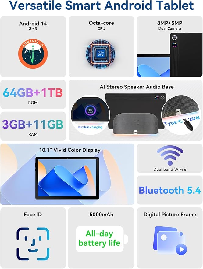 2025 Upgraded Android Tablet with Charging Speaker Dock, 2 Years Protection, Otca-Core CPU, 64GB Storage with 1TB Expansion, WiFi 6, BT5.3, Google Tablet, US Version
