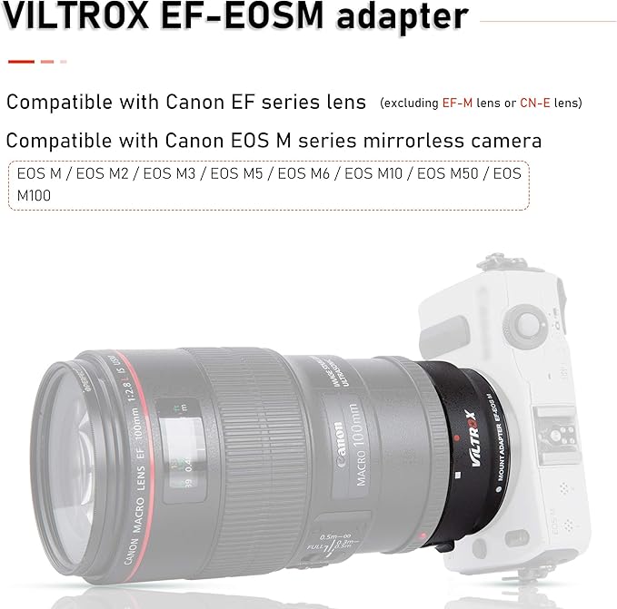 VILTROX EF-EOS M Mount Camera Adapter,Autofocus Lens Converter Ring,EF-M Lens Adapter Compatible with Canon EF/EF-S Series Lens/Canon EOS M Series Mirrorless Camera EOS M1 M2 M3 M5 M6 M10 M100